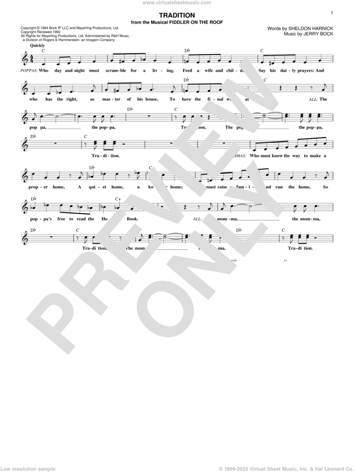 Tradition sheet music for voice and other instruments (fake book) by Jerry Bock and Sheldon Harnick, intermediate skill level