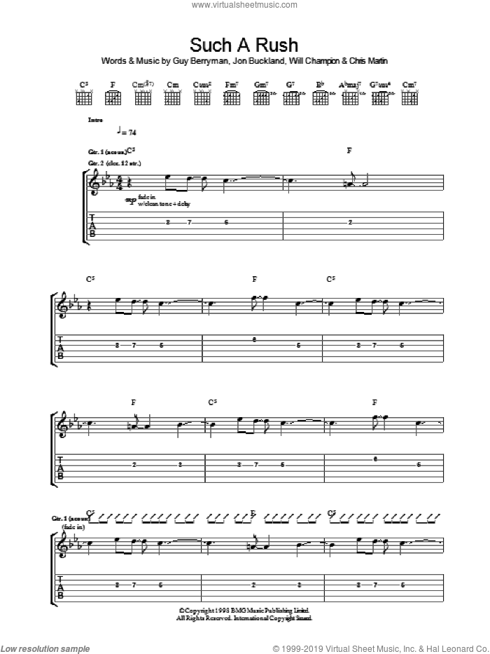 Such A Rush sheet music for guitar (tablature) by Coldplay, Chris Martin, Guy Berryman, Jon Buckland and Will Champion, intermediate skill level