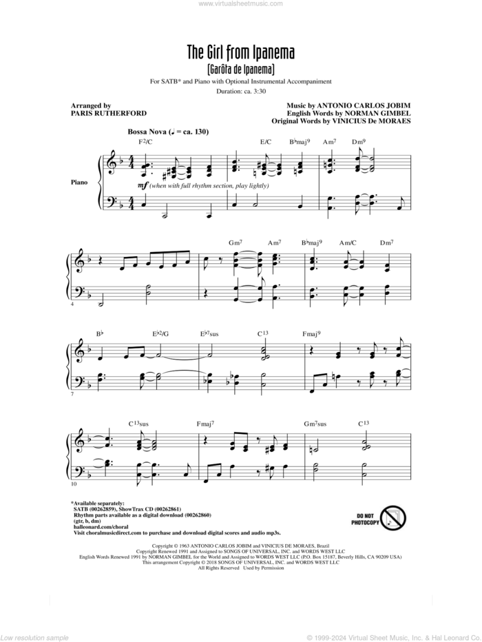 The Girl From Ipanema (Garota De Ipanema) sheet music for choir (SATB: soprano, alto, tenor, bass) by Norman Gimbel, Paris Rutherford, Antonio Carlos Jobim and Vinicius de Moraes, intermediate skill level