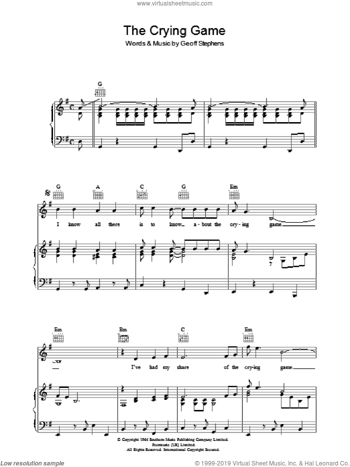 The Crying Game sheet music for voice, piano or guitar by Boy George and Geoff Stephens, intermediate skill level