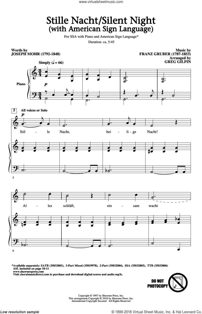 Stille Nacht/Silent Night (With American Sign Language) sheet music for choir (SSA: soprano, alto) by Franz Gruber, Greg Gilpin and Joseph Mohr, intermediate skill level