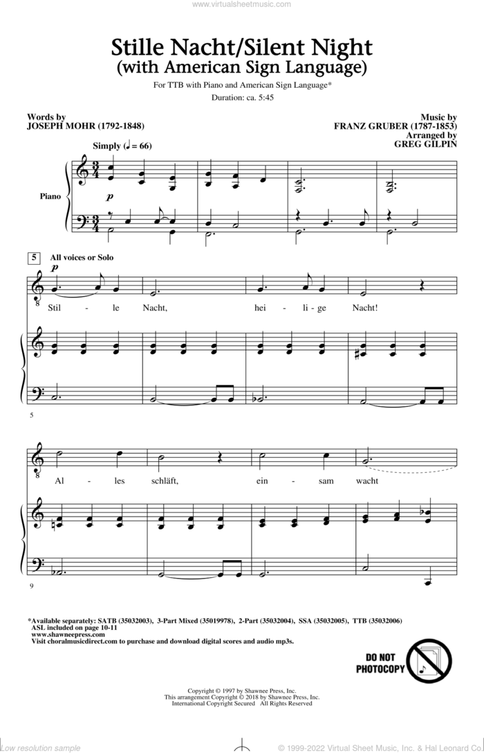 Stille Nacht/Silent Night (With American Sign Language) sheet music for choir (TTBB: tenor, bass) by Franz Gruber, Greg Gilpin and Joseph Mohr, intermediate skill level