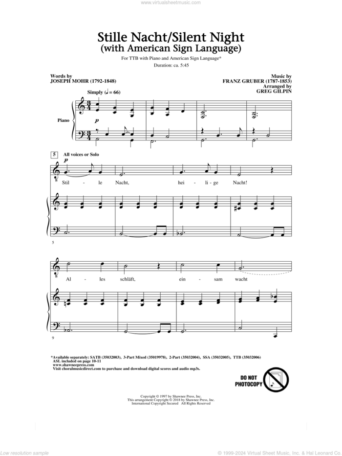 Stille Nacht/Silent Night (With American Sign Language) sheet music for choir (TTBB: tenor, bass) by Franz Gruber, Greg Gilpin and Joseph Mohr, intermediate skill level