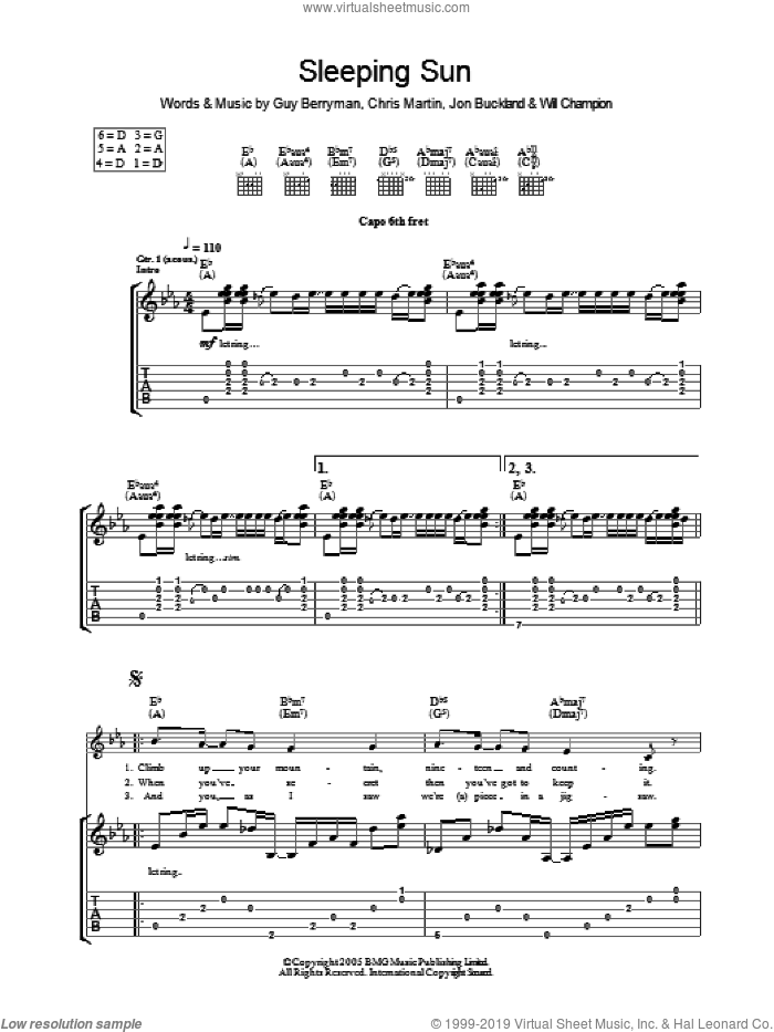 Sleeping Sun sheet music for guitar (tablature) by Coldplay, Chris Martin, Guy Berryman, Jon Buckland and Will Champion, intermediate skill level