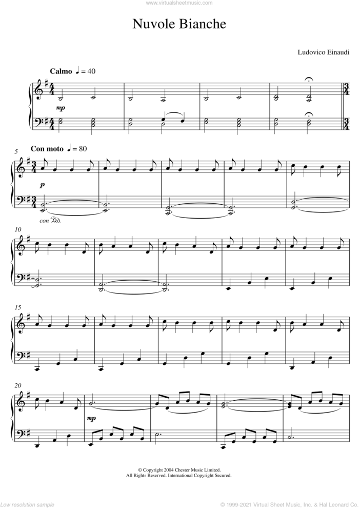 Nuvole Bianche (abridged) sheet music for piano solo (elementary) by Ludovico Einaudi, classical score, beginner piano (elementary)