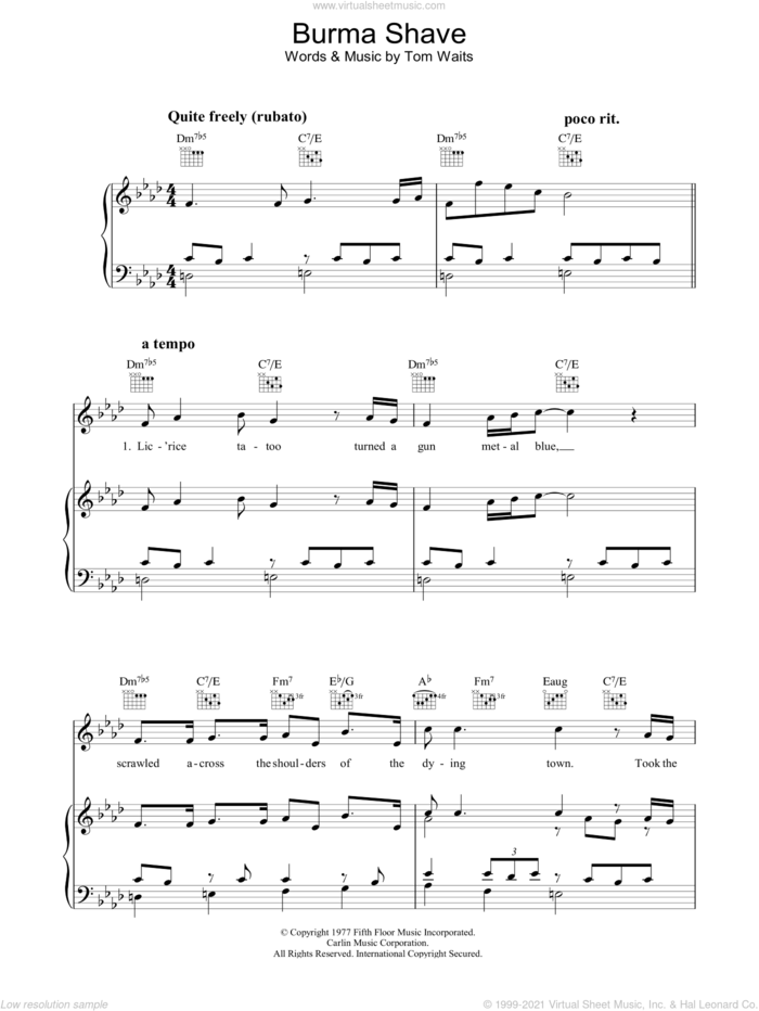 Burma Shave sheet music for voice, piano or guitar by Tom Waits, intermediate skill level