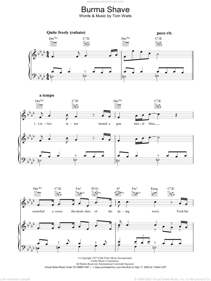 Burma Shave sheet music for voice, piano or guitar by Tom Waits, intermediate skill level