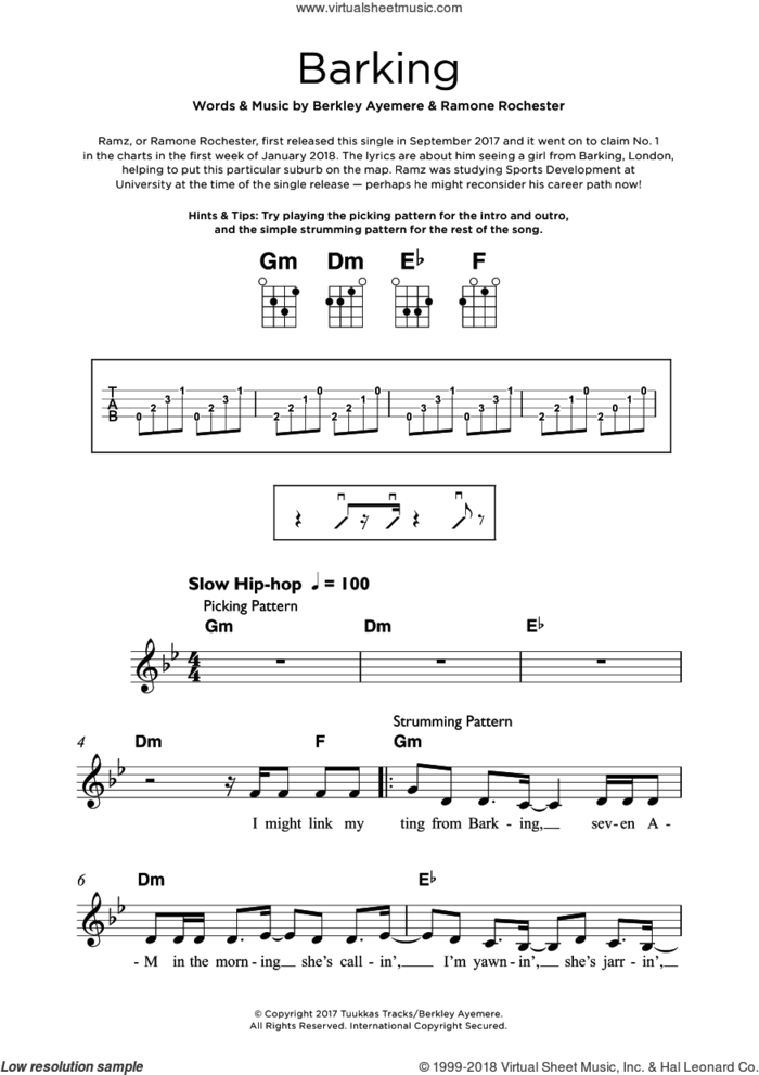 Barking sheet music for ukulele by Ramz, Berkley Ayemere and Ramone Rochester, intermediate skill level