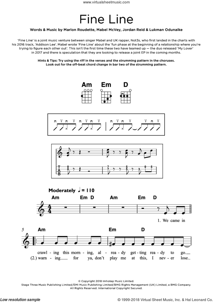 Fine Line (featuring Not3s) sheet music for ukulele by Mabel, Not3s, Jordan Reid, Lukman Odunaike, Mabel McVey and Marlon Roudette, intermediate skill level
