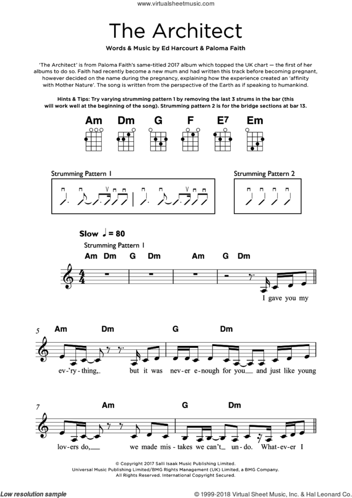 The Architect sheet music for ukulele by Paloma Faith and Ed Harcourt, intermediate skill level
