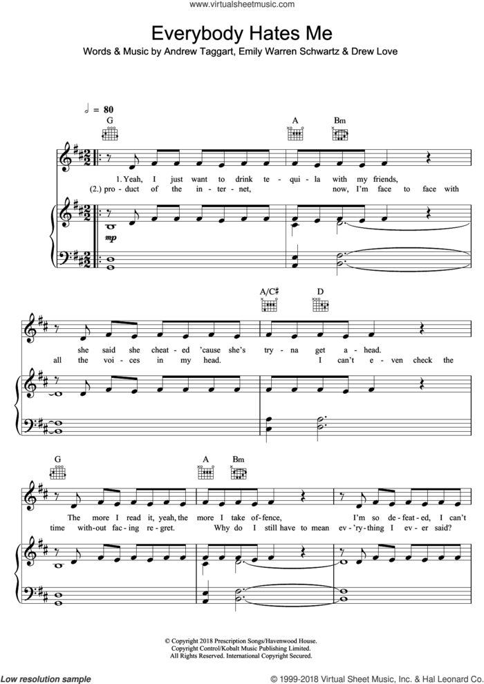 Everybody Hates Me sheet music for voice, piano or guitar by The Chainsmokers, Andrew Taggart, Drew Love and Emily Warren Schwartz, intermediate skill level