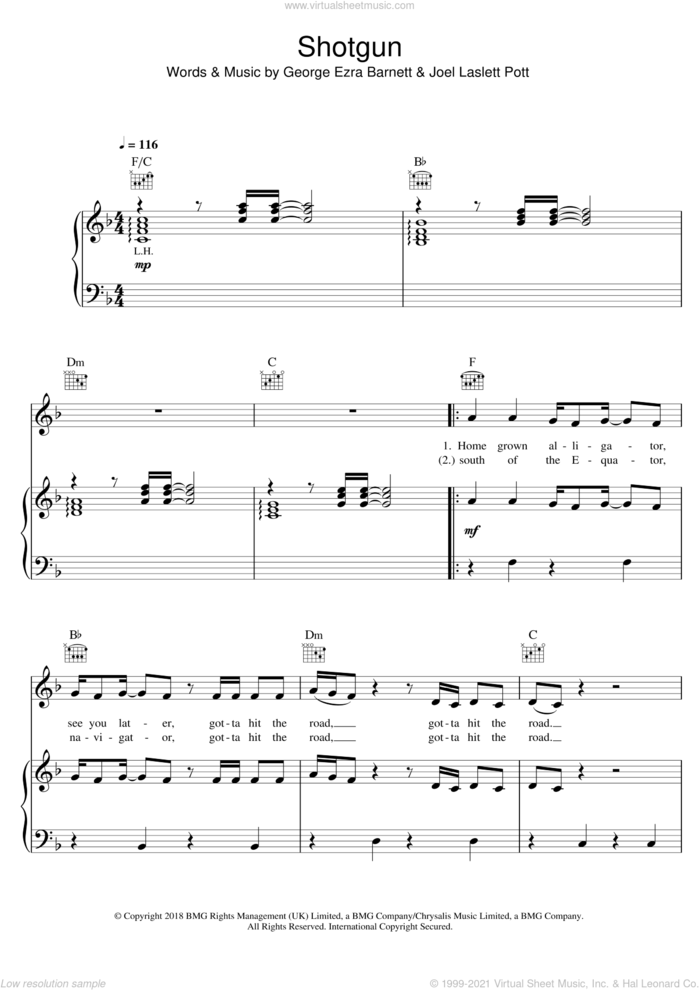 Shotgun sheet music for voice, piano or guitar by George Ezra, George Ezra Barnett and Joel Laslett Pott, intermediate skill level