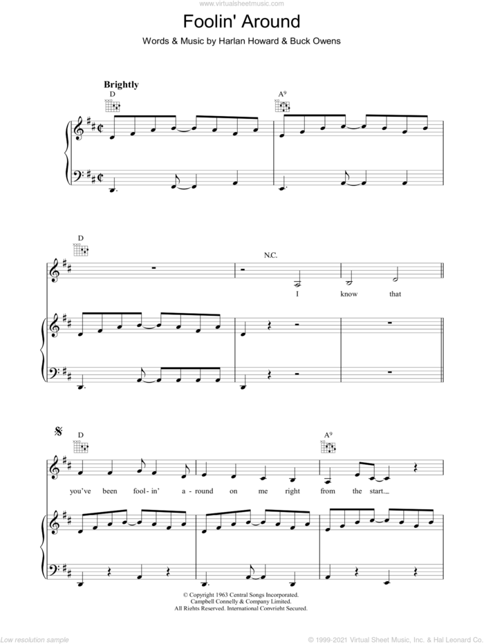 Foolin' Around sheet music for voice, piano or guitar by Patsy Cline, Buck Owens and Harlan Howard, intermediate skill level