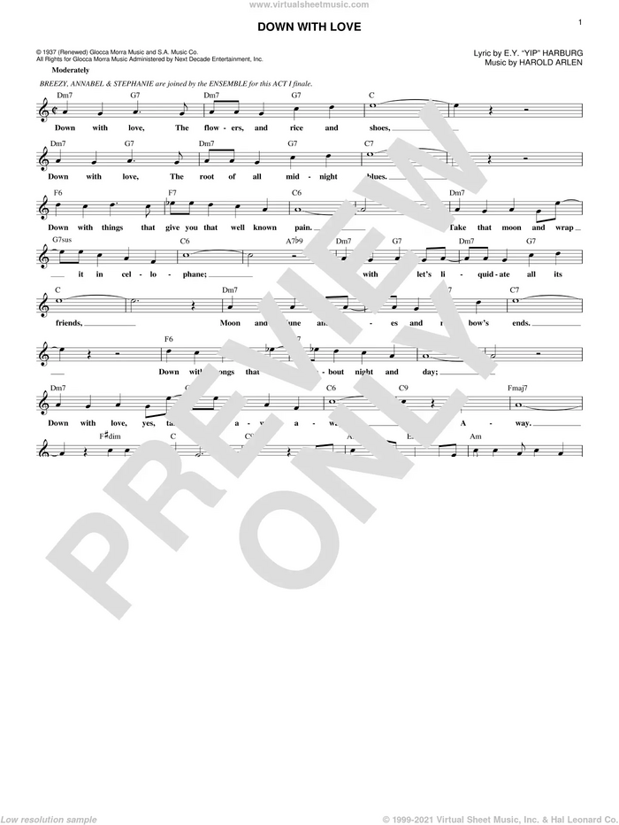 Down With Love sheet music for voice and other instruments (fake book) by Harold Arlen and E.Y. Harburg, intermediate skill level