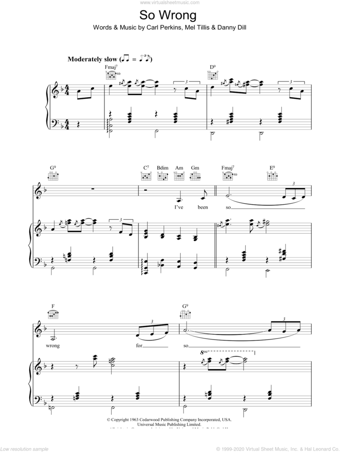 So Wrong sheet music for voice, piano or guitar by Patsy Cline and Carl Perkins, intermediate skill level