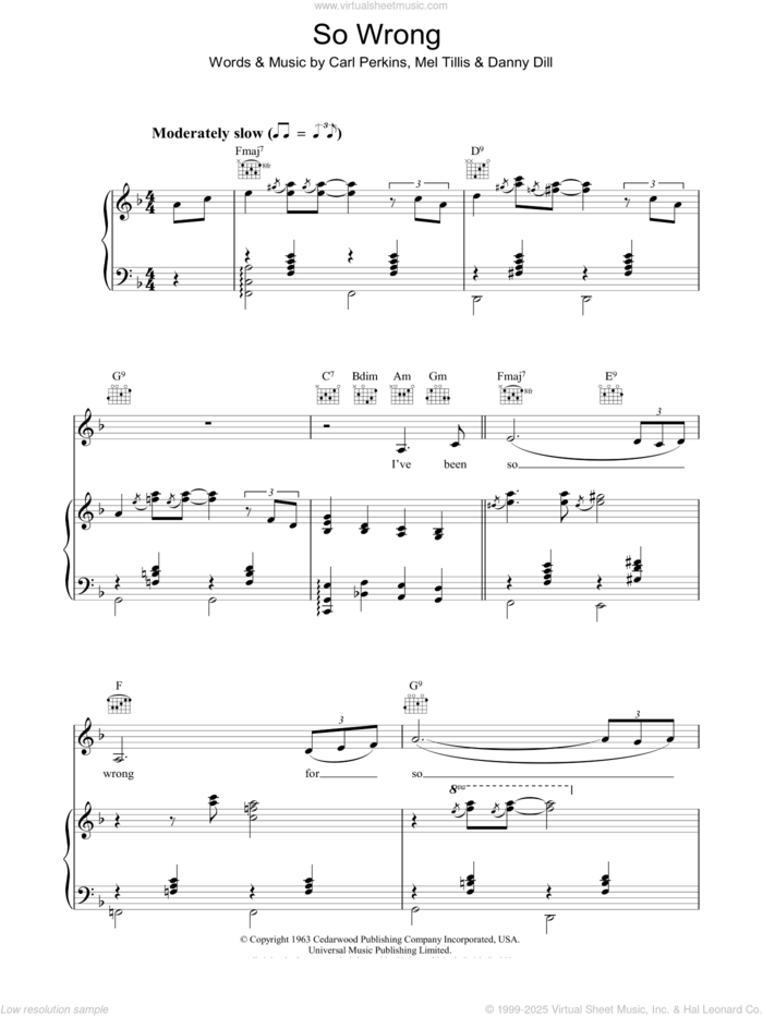 So Wrong sheet music for voice, piano or guitar by Patsy Cline and Carl Perkins, intermediate skill level