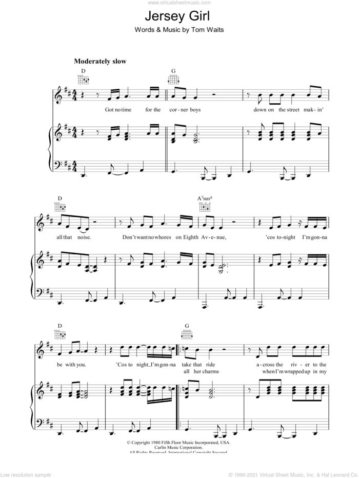 Jersey Girl sheet music for voice, piano or guitar by Tom Waits, intermediate skill level