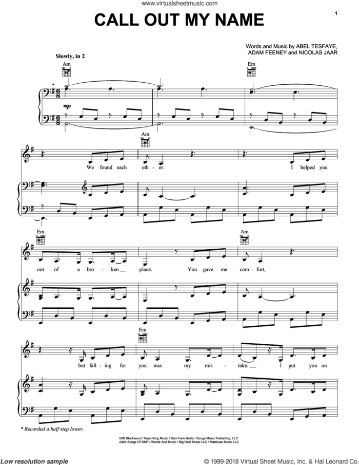 Call Out My Name sheet music for voice, piano or guitar by The Weeknd, Abel Tesfaye, Adam Feeney and Nicolas Jaar, intermediate skill level