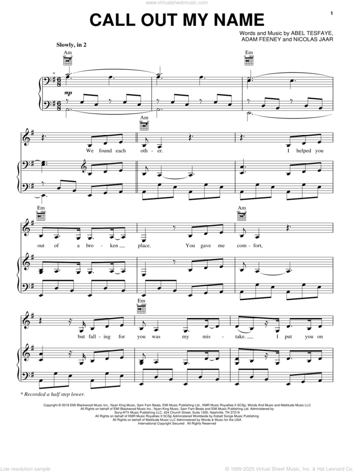 Call Out My Name sheet music for voice, piano or guitar by The Weeknd, Abel Tesfaye, Adam Feeney and Nicolas Jaar, intermediate skill level