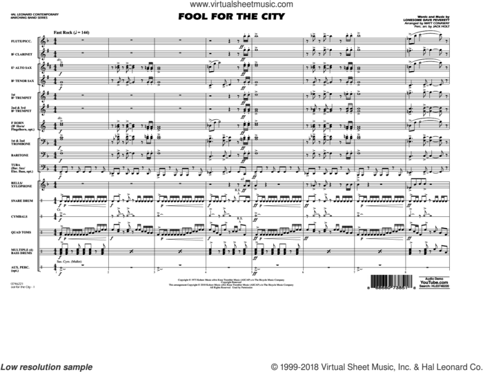 Fool For The City (COMPLETE) sheet music for marching band by Matt Conaway, Foghat, Jack Holt and Lonesome Dave Peverett, intermediate skill level