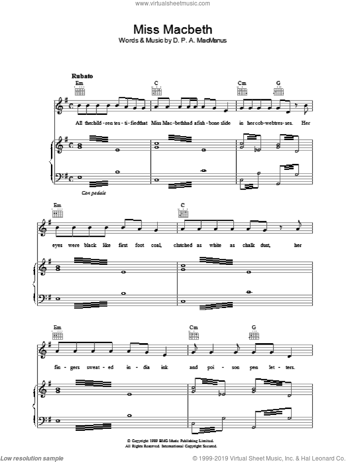 Miss Macbeth sheet music for voice, piano or guitar by Elvis Costello and Declan Macmanus, intermediate skill level