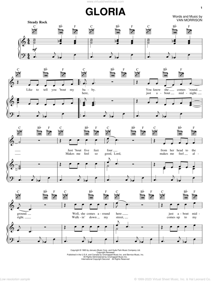 Gloria sheet music for voice, piano or guitar by The Doors, Shadows Of Night and Van Morrison, intermediate skill level