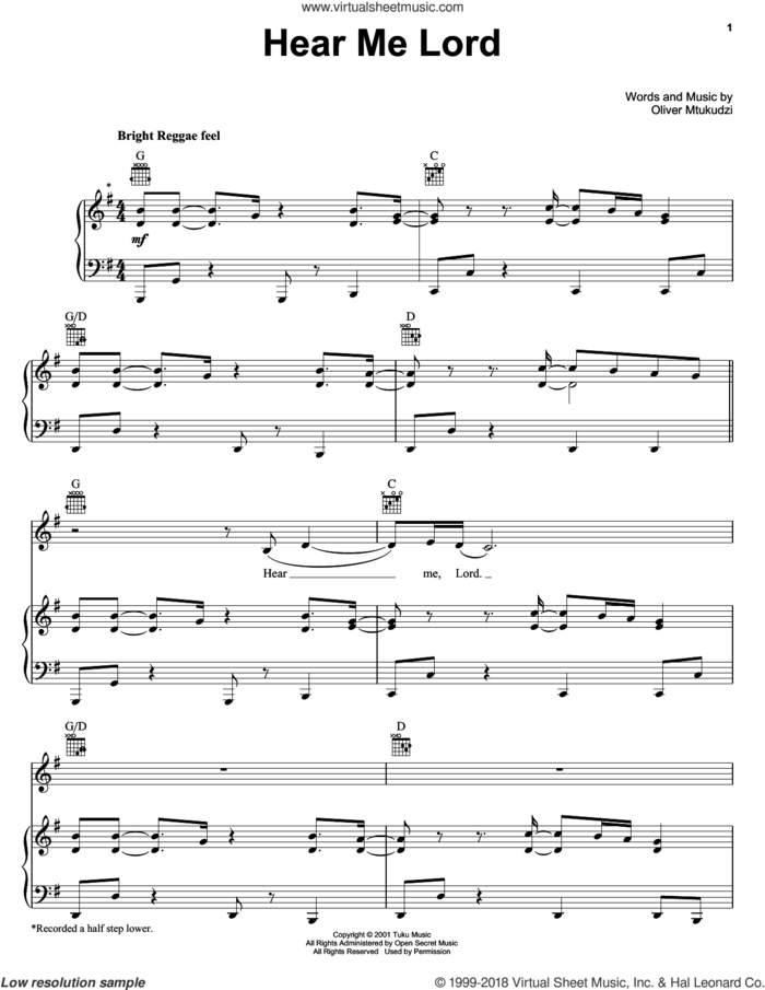 Hear Me Lord sheet music for voice, piano or guitar by Bonnie Raitt and Oliver Mtukudzi, intermediate skill level