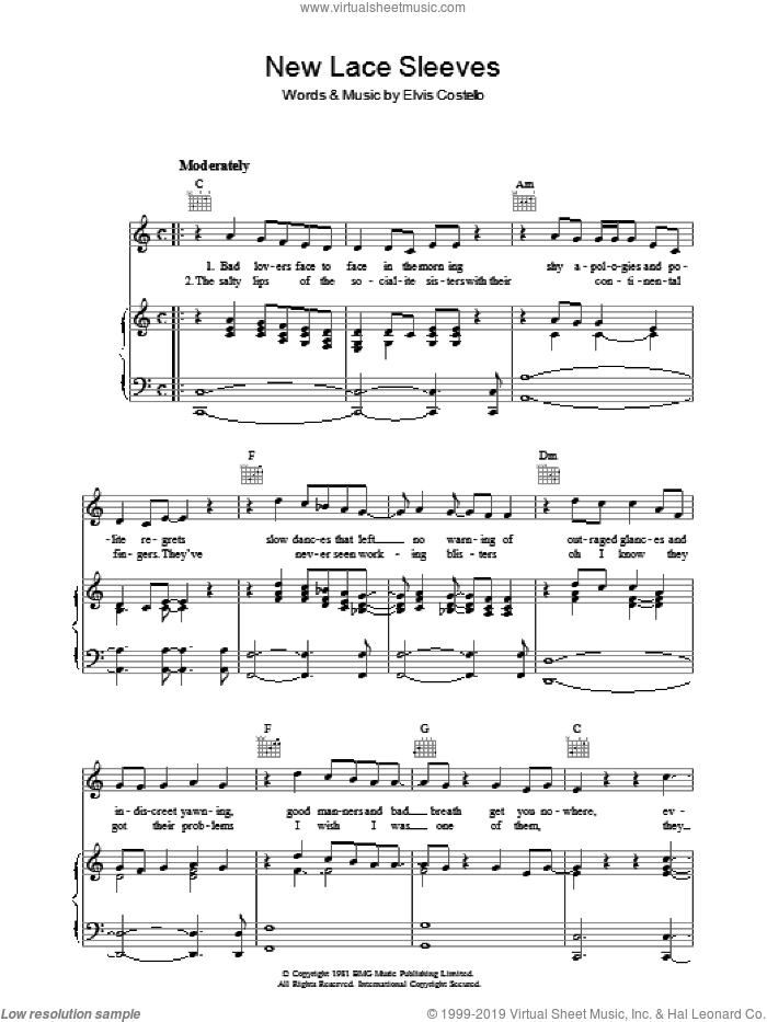 New Lace Sleeves sheet music for voice, piano or guitar by Elvis Costello and Declan Macmanus, intermediate skill level