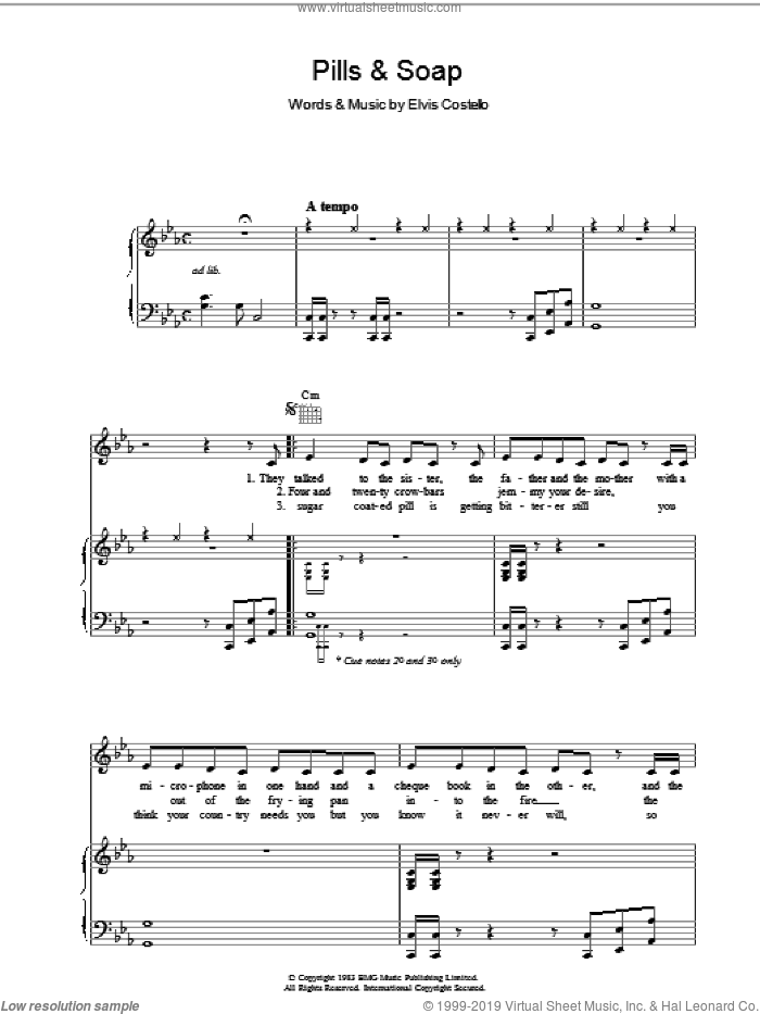 Pills And Soap sheet music for voice, piano or guitar by Elvis Costello and Declan Macmanus, intermediate skill level