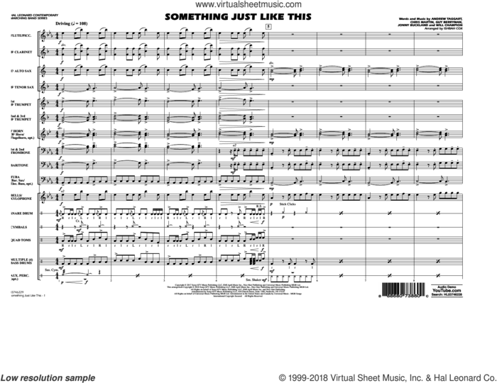Something Just Like This (COMPLETE) sheet music for marching band by Guy Berryman, Andrew Taggart, Chris Martin, Ishbah Cox, Jonny Buckland, The Chainsmokers & Coldplay and Will Champion, intermediate skill level