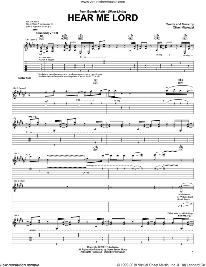 Hear Me Lord sheet music for guitar (tablature) by Bonnie Raitt and Oliver Mtukudzi, intermediate skill level