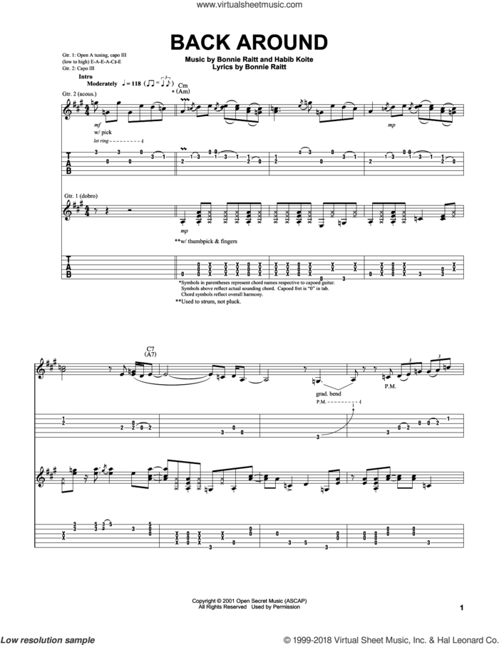 Back Around sheet music for guitar (tablature) by Bonnie Raitt and Habib Koite, intermediate skill level