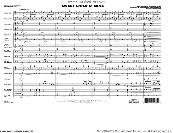 Sweet Child o' Mine (COMPLETE) sheet music for marching band by Paul Murtha, Axl Rose, Duff McKagan, Slash and Steven Adler, intermediate skill level