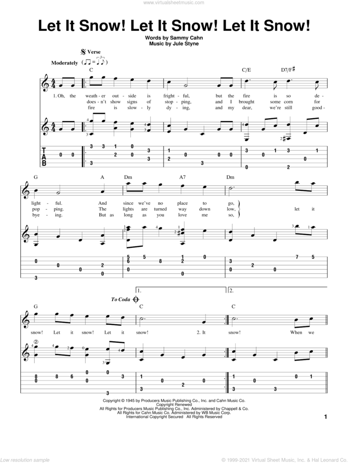Let It Snow! Let It Snow! Let It Snow! sheet music for guitar solo (easy tablature) by Sammy Cahn and Jule Styne, easy guitar (easy tablature)