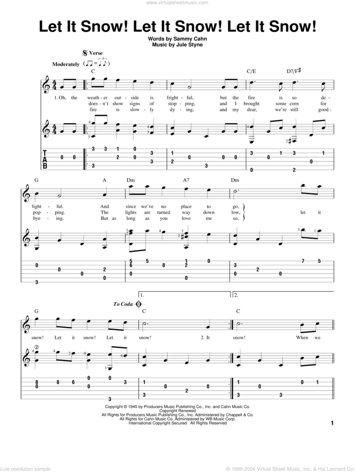 Let It Snow! Let It Snow! Let It Snow! sheet music for guitar solo (easy tablature) by Sammy Cahn and Jule Styne, easy guitar (easy tablature)