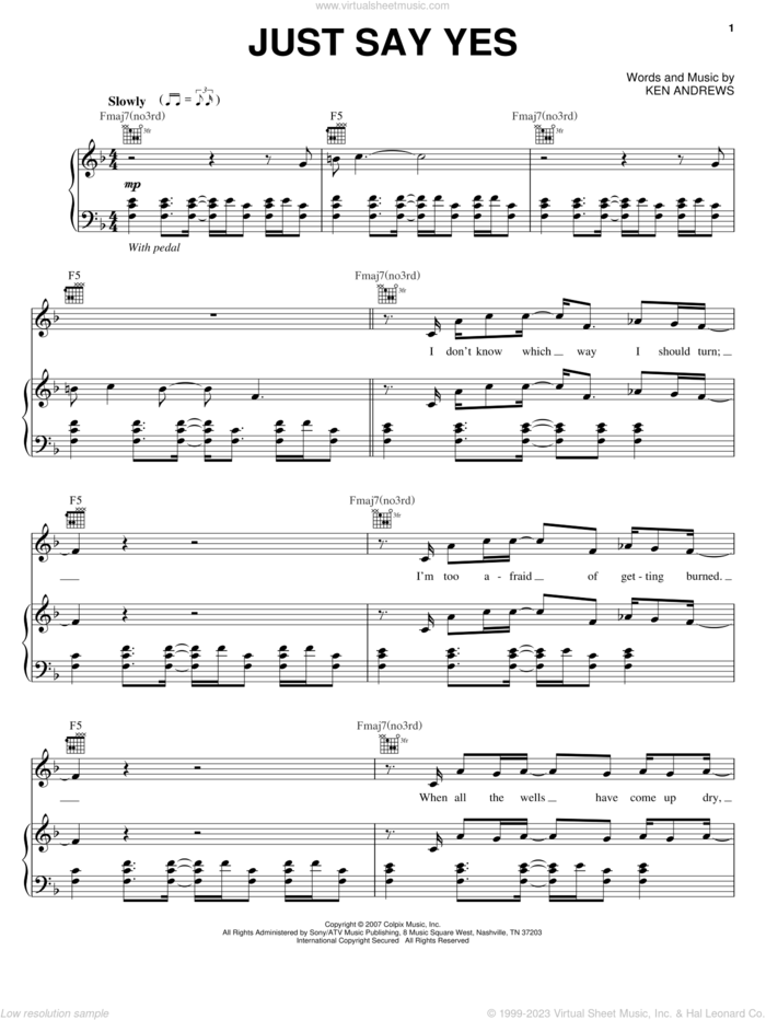 Just Say Yes sheet music for voice, piano or guitar by Ken Andrews, intermediate skill level
