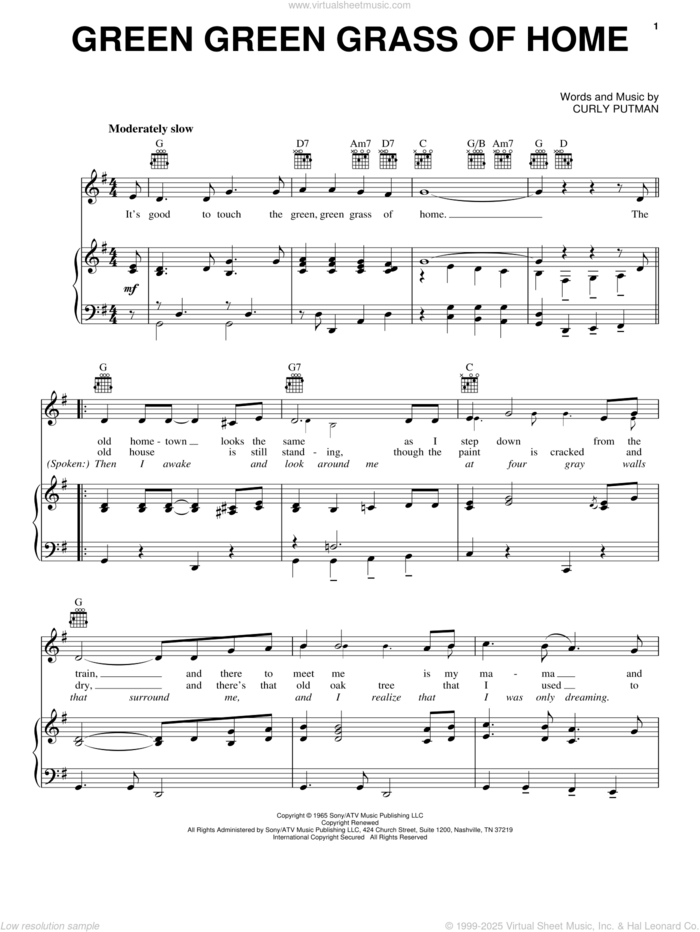 Green Green Grass Of Home sheet music for voice, piano or guitar by Curly Putman, Elvis Presley, Porter Wagoner and Tom Jones, intermediate skill level