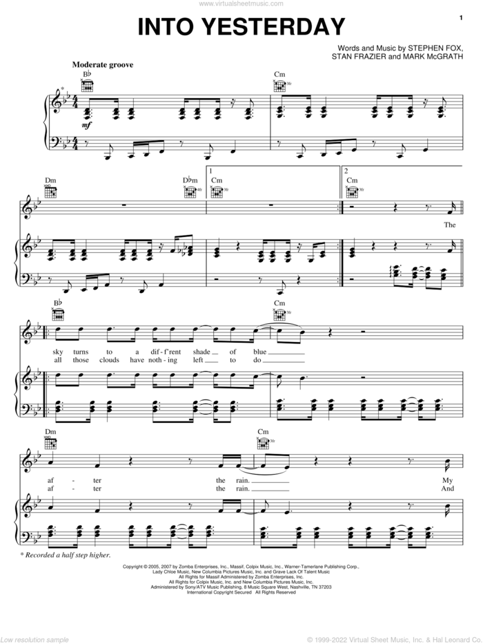 Into Yesterday sheet music for voice, piano or guitar by Sugar Ray, Mark McGrath, Stan Frazier and Steve Fox, intermediate skill level
