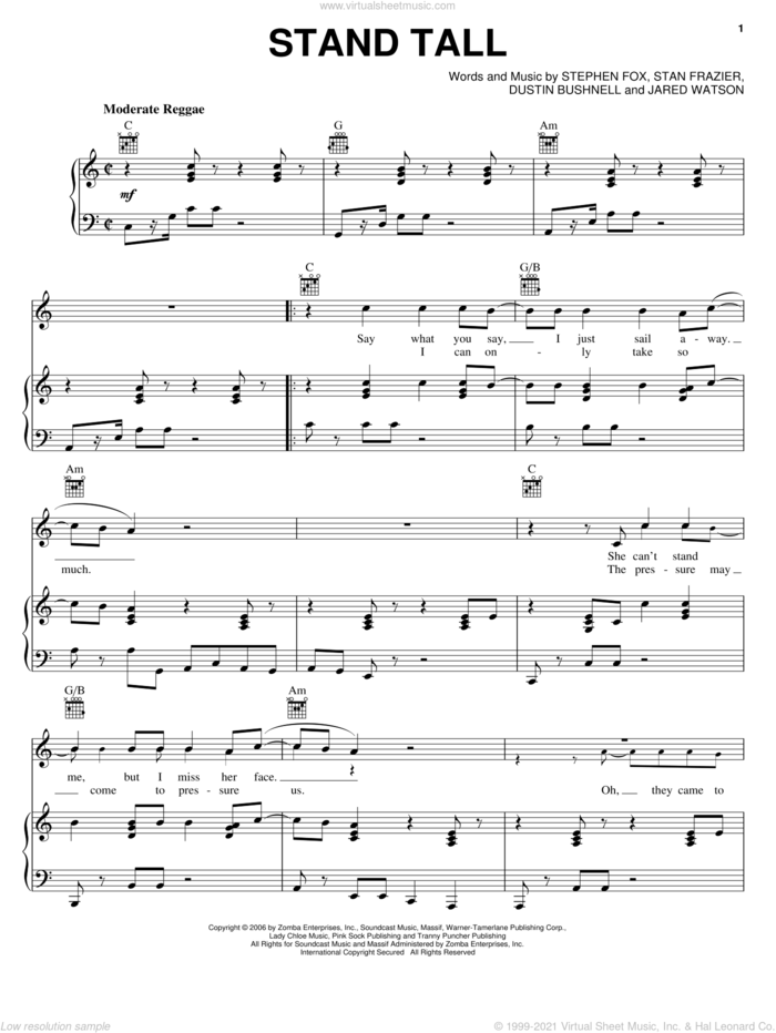 Stand Tall sheet music for voice, piano or guitar by Dirty Heads, Dustin Bushnell, Jared Watson, Stan Frazier and Steve Fox, intermediate skill level