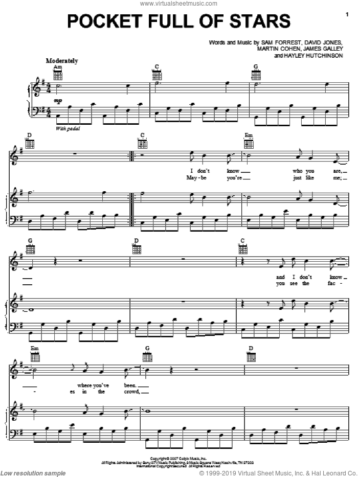 Pocket Full Of Stars sheet music for voice, piano or guitar by Nine Black Alps, David Jones, Hayley Hutchinson, James Galley, Martin Cohen and Sam Forrest, intermediate skill level