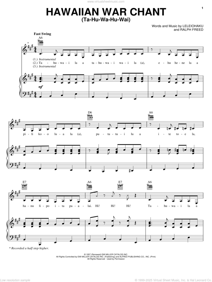 Hawaiian War Chant (Ta-Hu-Wa-Hu-Wai) sheet music for voice, piano or guitar by Bob Wills & His Texas Playboys, Leleiohaku and Ralph Freed, intermediate skill level