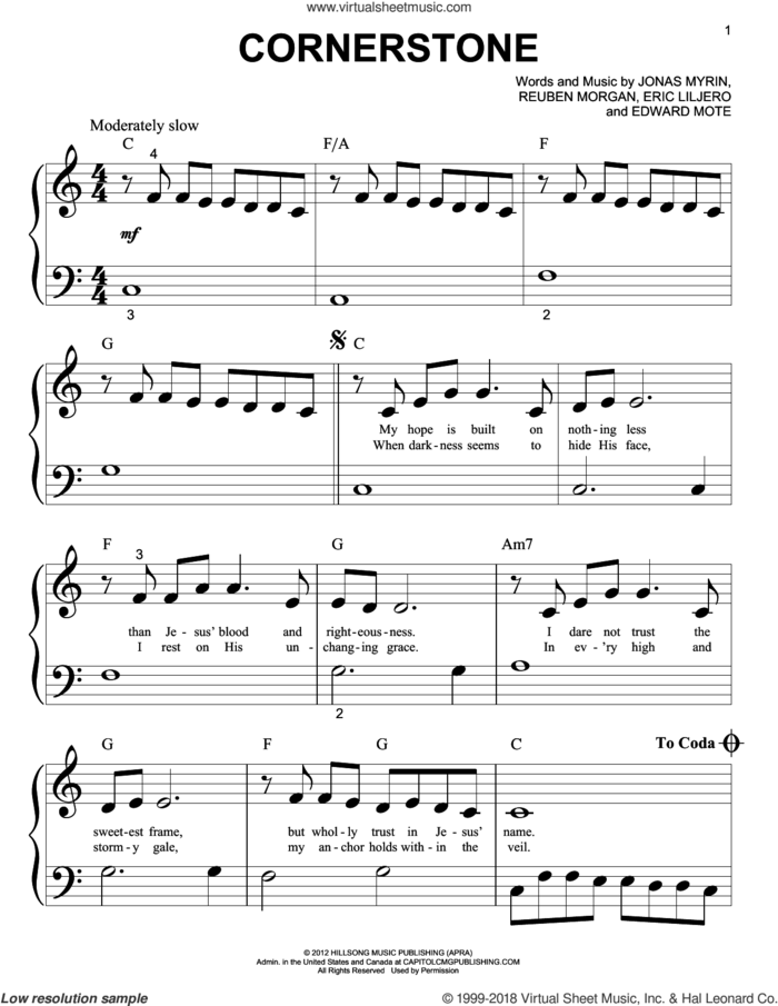 Cornerstone sheet music for piano solo (big note book) by Hillsong Live, Eric Liljero, Jonas Myrin and Reuben Morgan, easy piano (big note book)