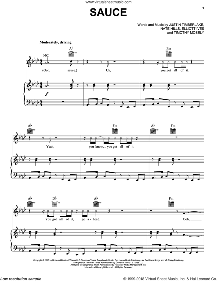 Sauce sheet music for voice, piano or guitar by Justin Timberlake, Elliott Ives, Nate Hills and Tim Mosley, intermediate skill level