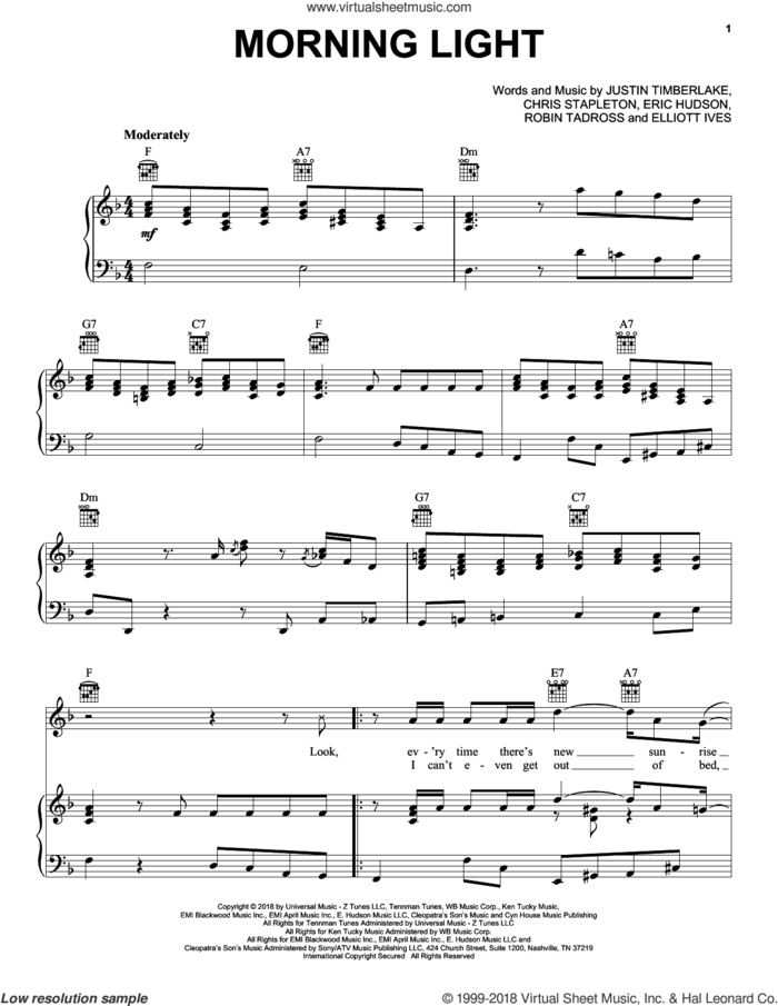 Morning Light sheet music for voice, piano or guitar by Justin Timberlake, Chris Stapleton, Elliott Ives, Eric Hudson and Robin Tadross, intermediate skill level
