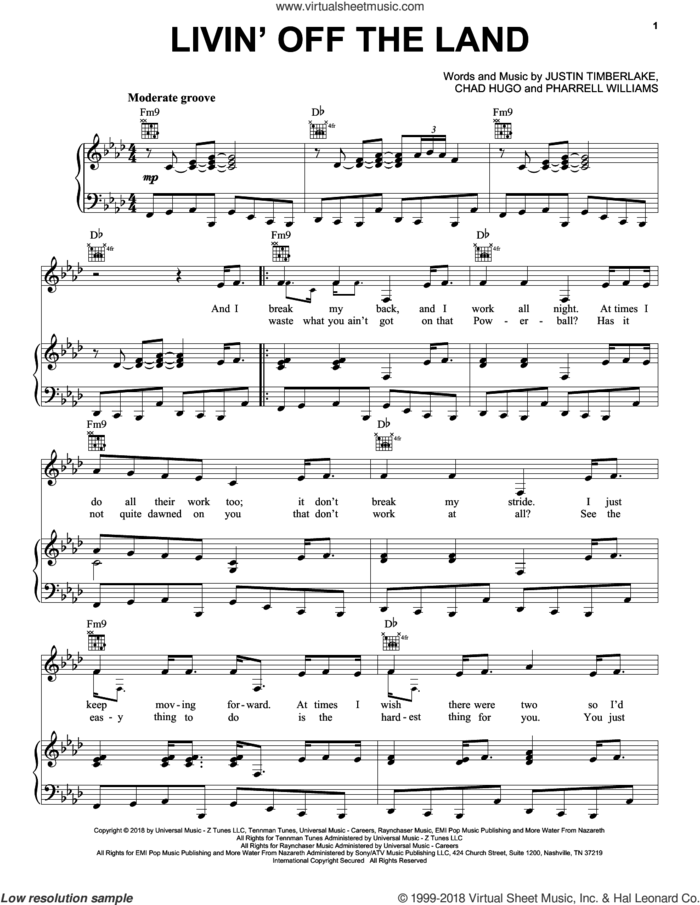 Livin' Off The Land sheet music for voice, piano or guitar by Justin Timberlake, Chad Hugo and Pharrell Williams, intermediate skill level