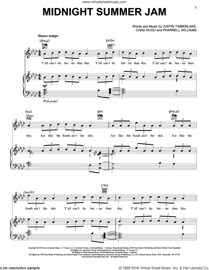 Midnight Summer Jam sheet music for voice, piano or guitar by Justin Timberlake, Chad Hugo and Pharrell Williams, intermediate skill level