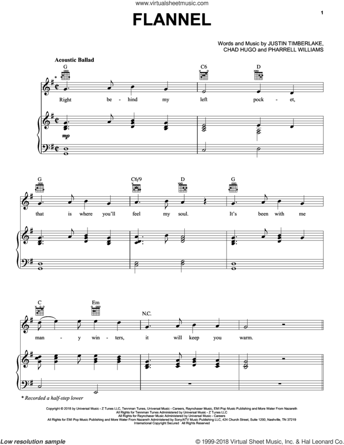 Flannel sheet music for voice, piano or guitar by Justin Timberlake, Chad Hugo and Pharrell Williams, intermediate skill level
