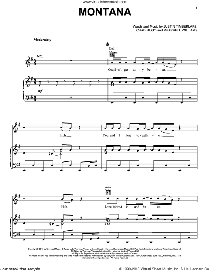 Montana sheet music for voice, piano or guitar by Justin Timberlake, Chad Hugo and Pharrell Williams, intermediate skill level