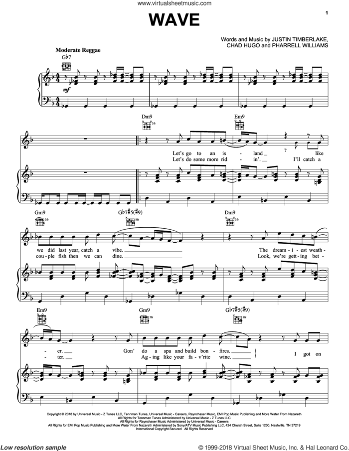 Wave sheet music for voice, piano or guitar by Justin Timberlake, Chad Hugo and Pharrell Williams, intermediate skill level