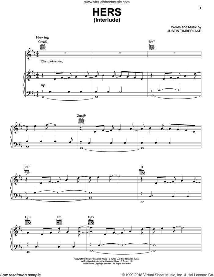 Hers sheet music for voice, piano or guitar by Justin Timberlake, intermediate skill level